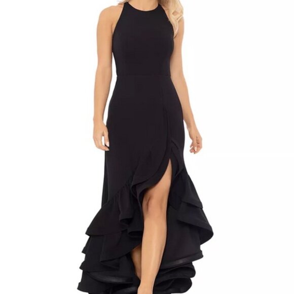 Betsy & Adam Black Ruffle Halter Crepe Gown - Picture 1 of 6